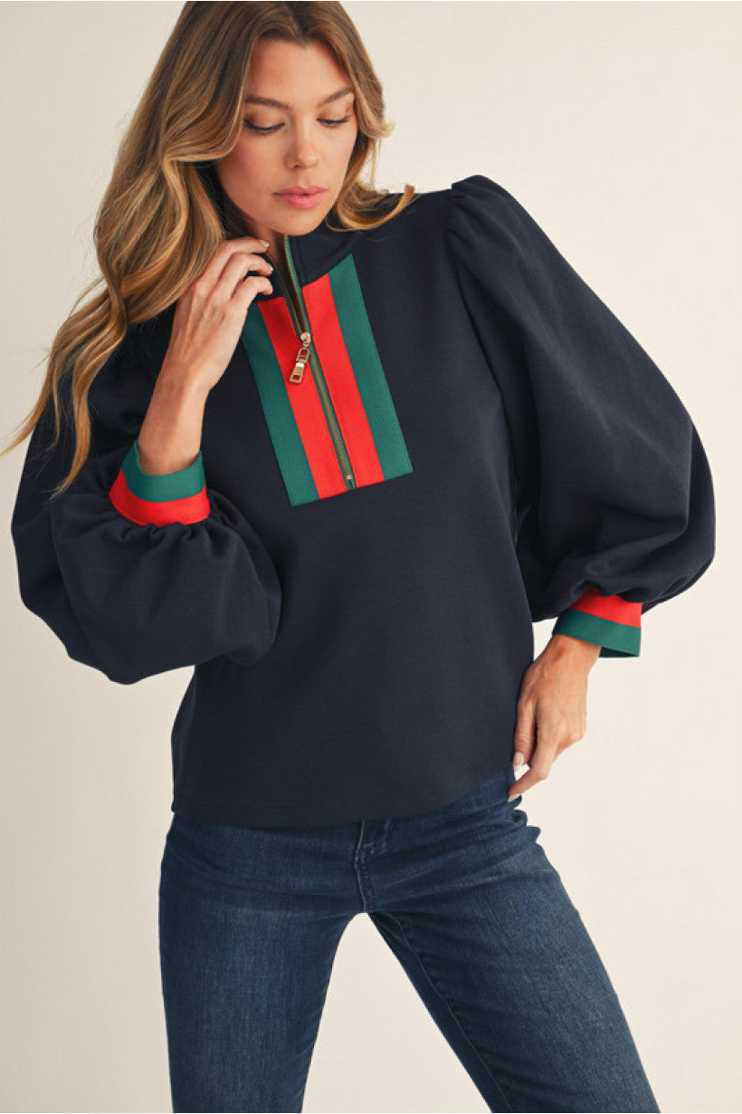 Navy Top with Red and Green Accents