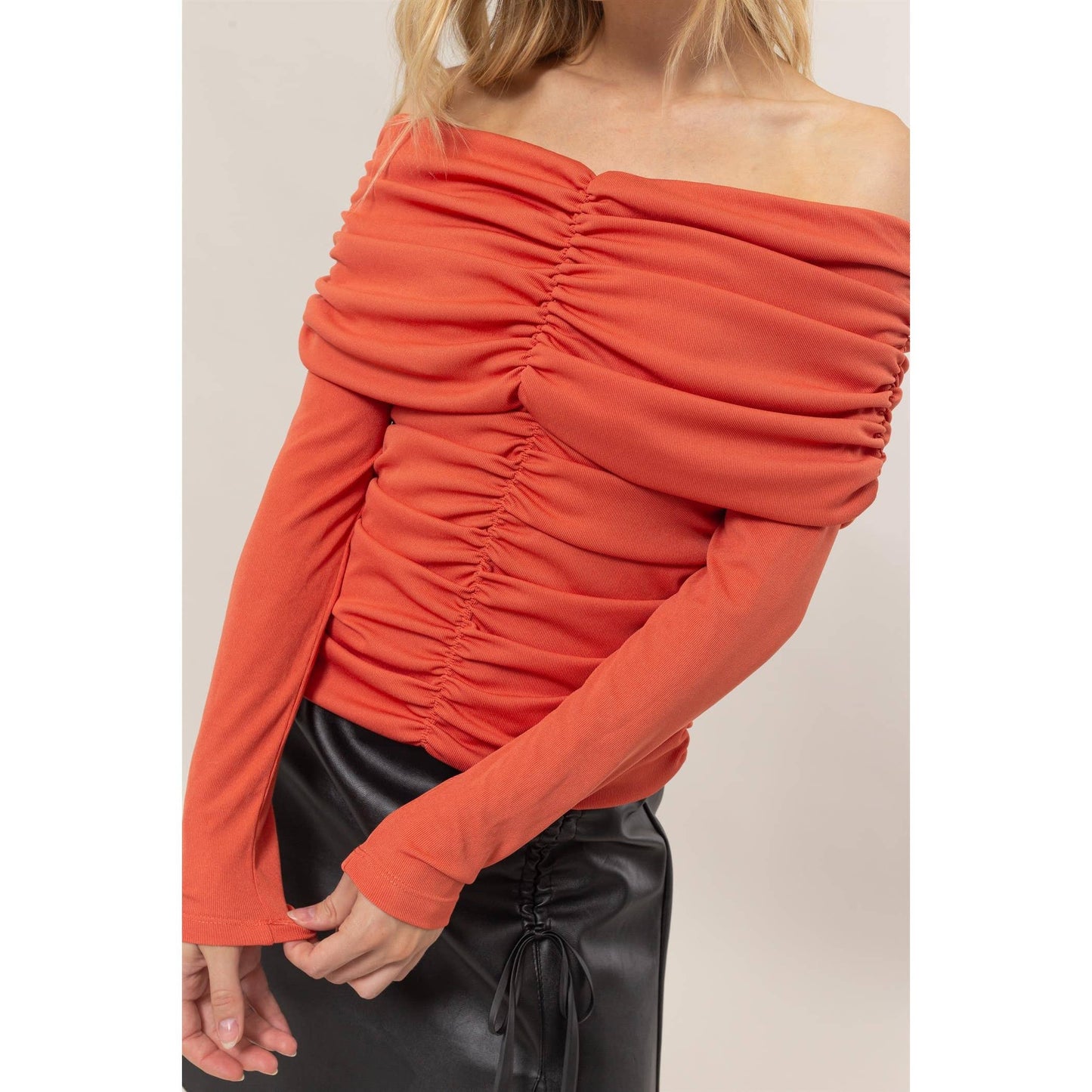 Ruched Off-The-Shoulder Knit Top: BURNT ORANGE