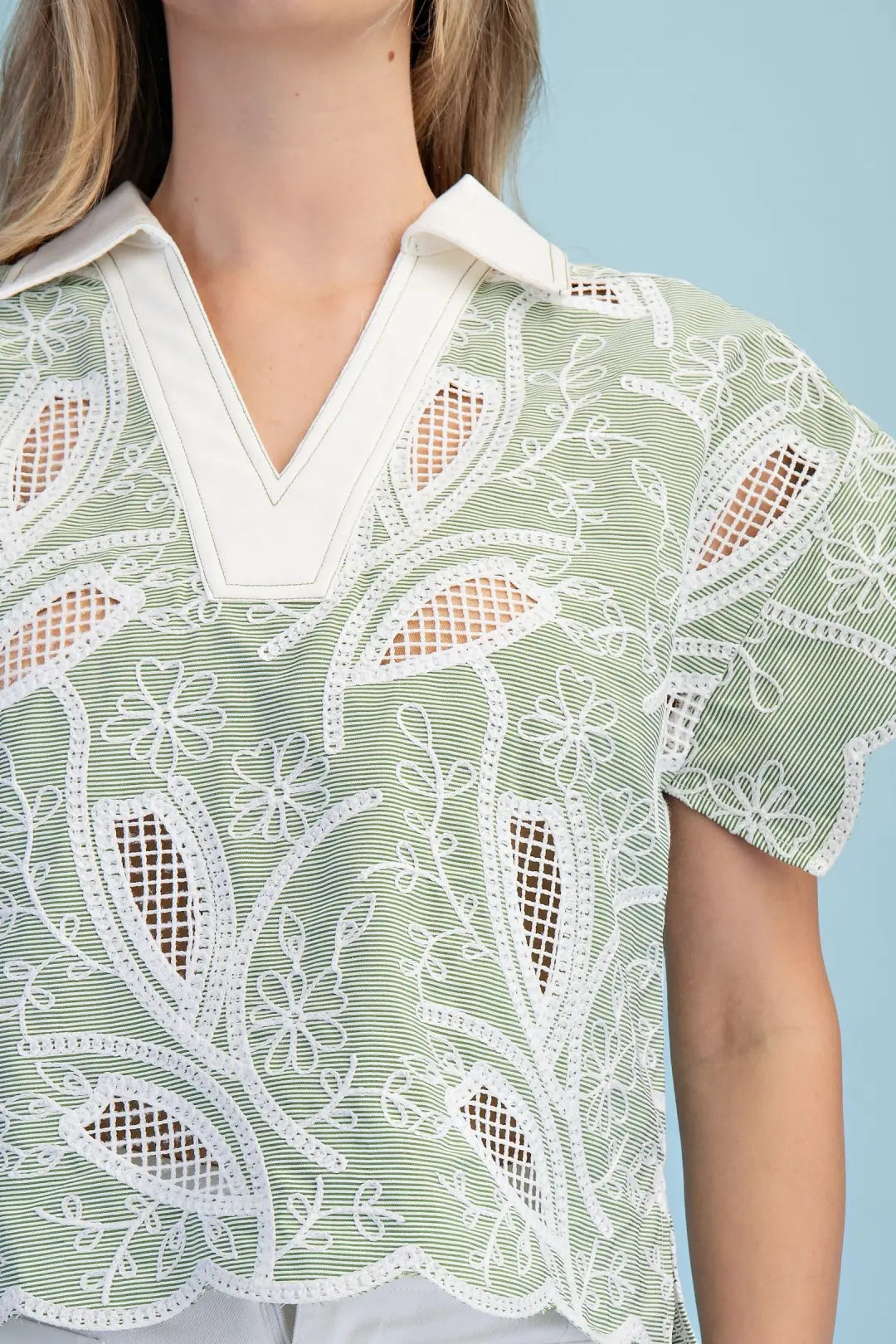 Green Tea Mesh Applique Top
