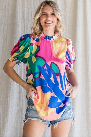 Sasha Colorfull Frilled Neck Top