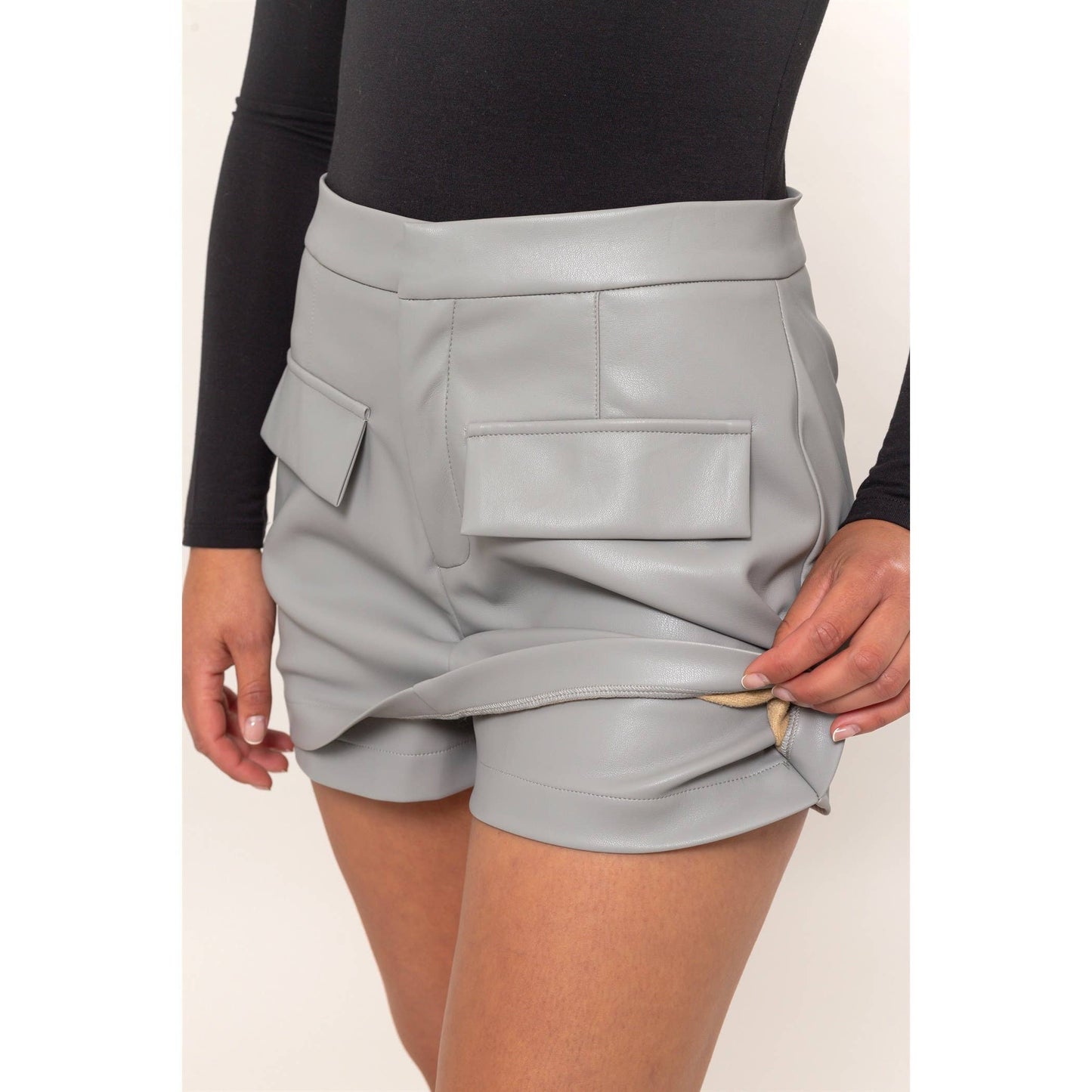 Leather Flap Pocket Skort: GRAY / S-M-L(2-2-2)