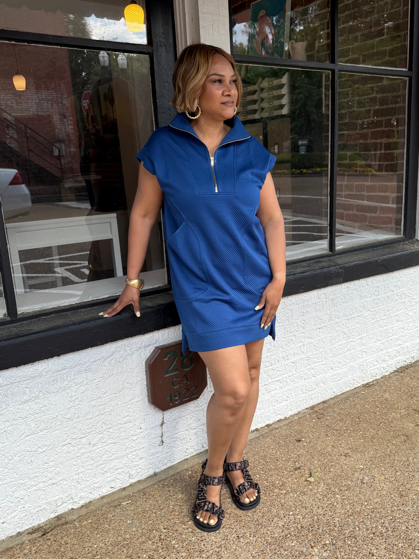 Textured Knit 1/4 Zip Mini Dress
