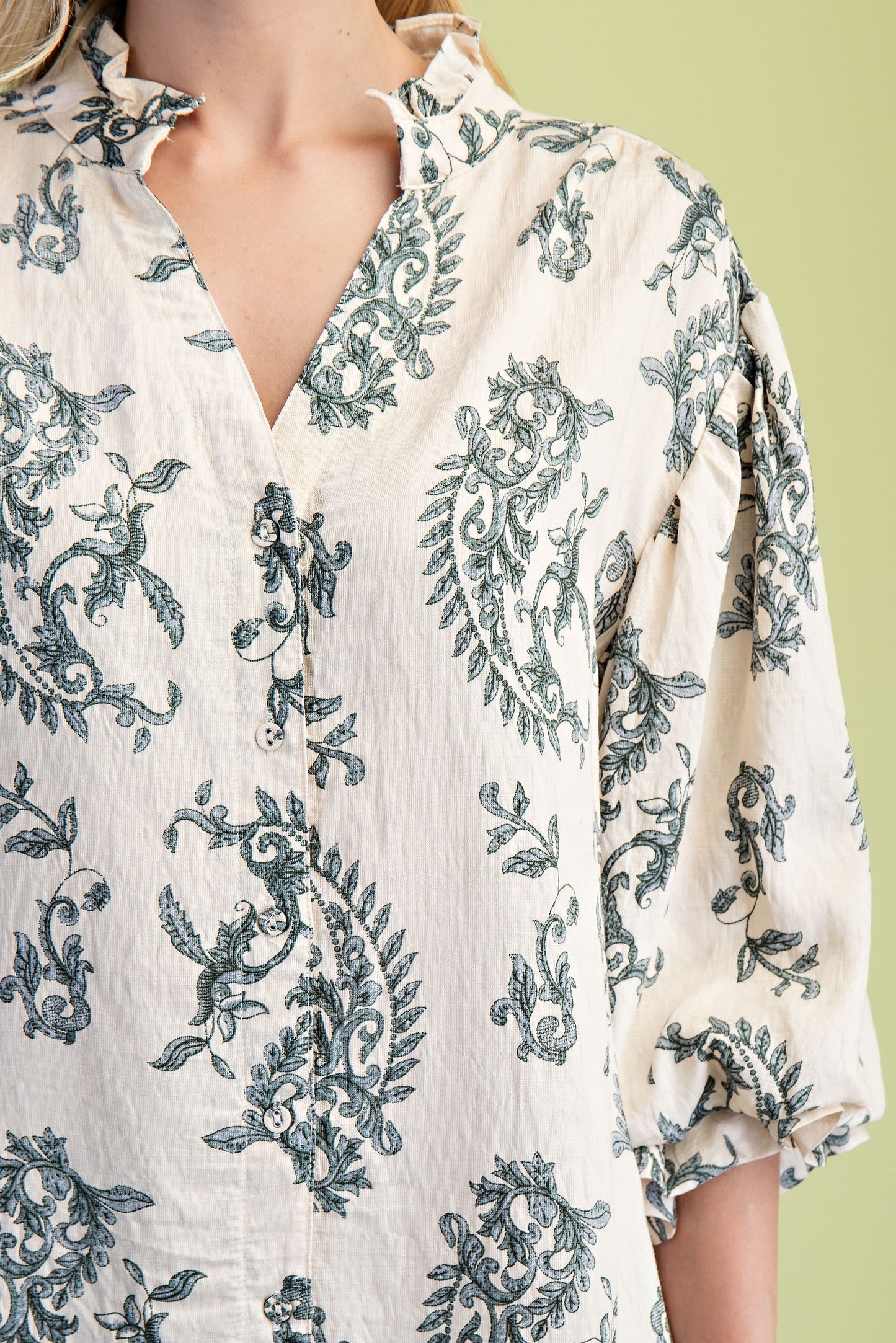 Button Down Blouse With 3/4 Length Balloon Sleeves