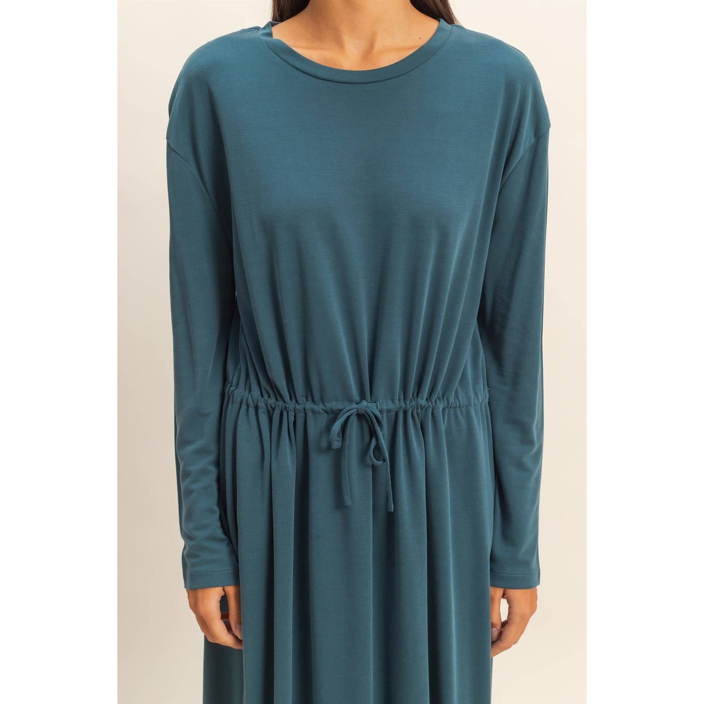 Drawstring Waist Long Sleeve Midi Dress: DEEP POND
