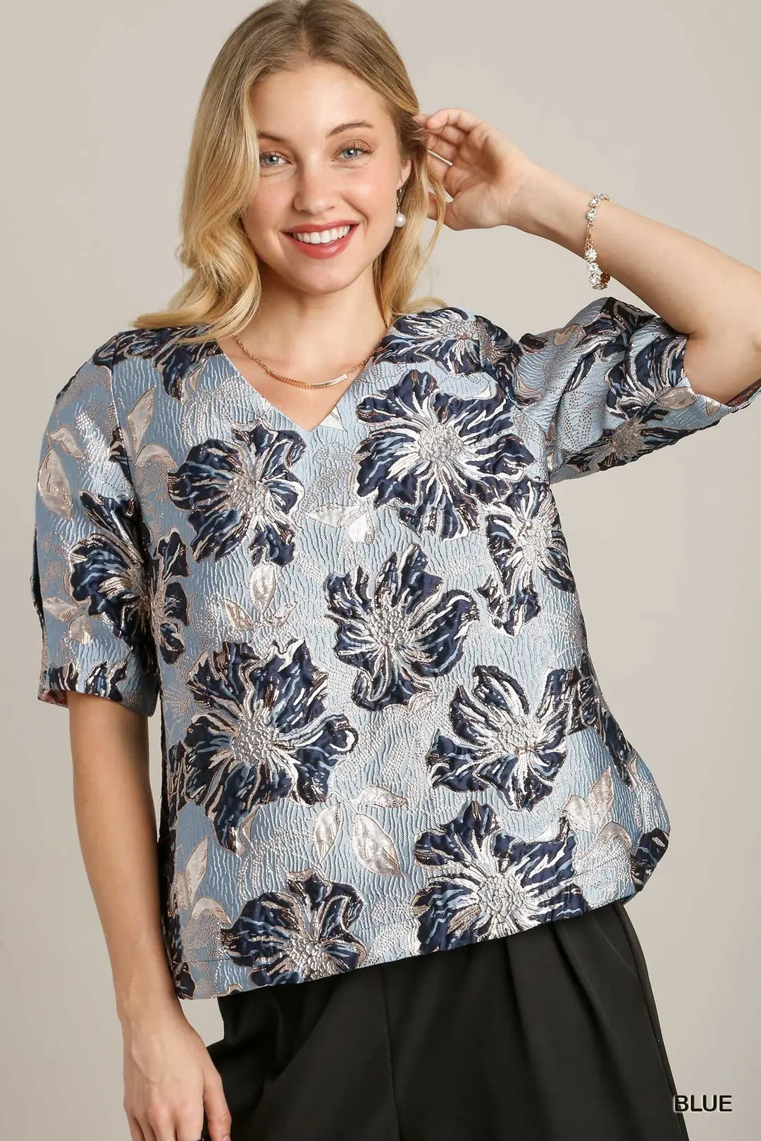 Icy Blue jacquard Floral Top