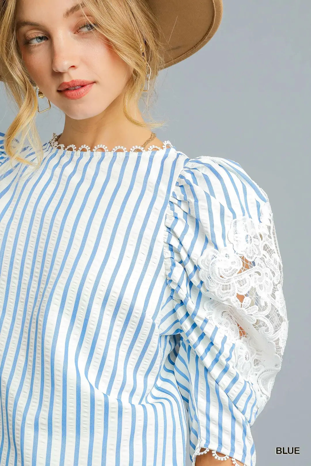 Striped Lace Puff Sleeve Top