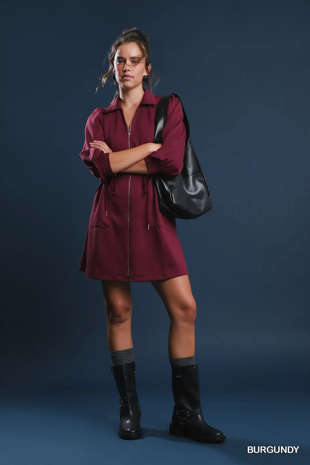 Margie Luxeknit Zip Up Mini Dress with Drawstring Waist