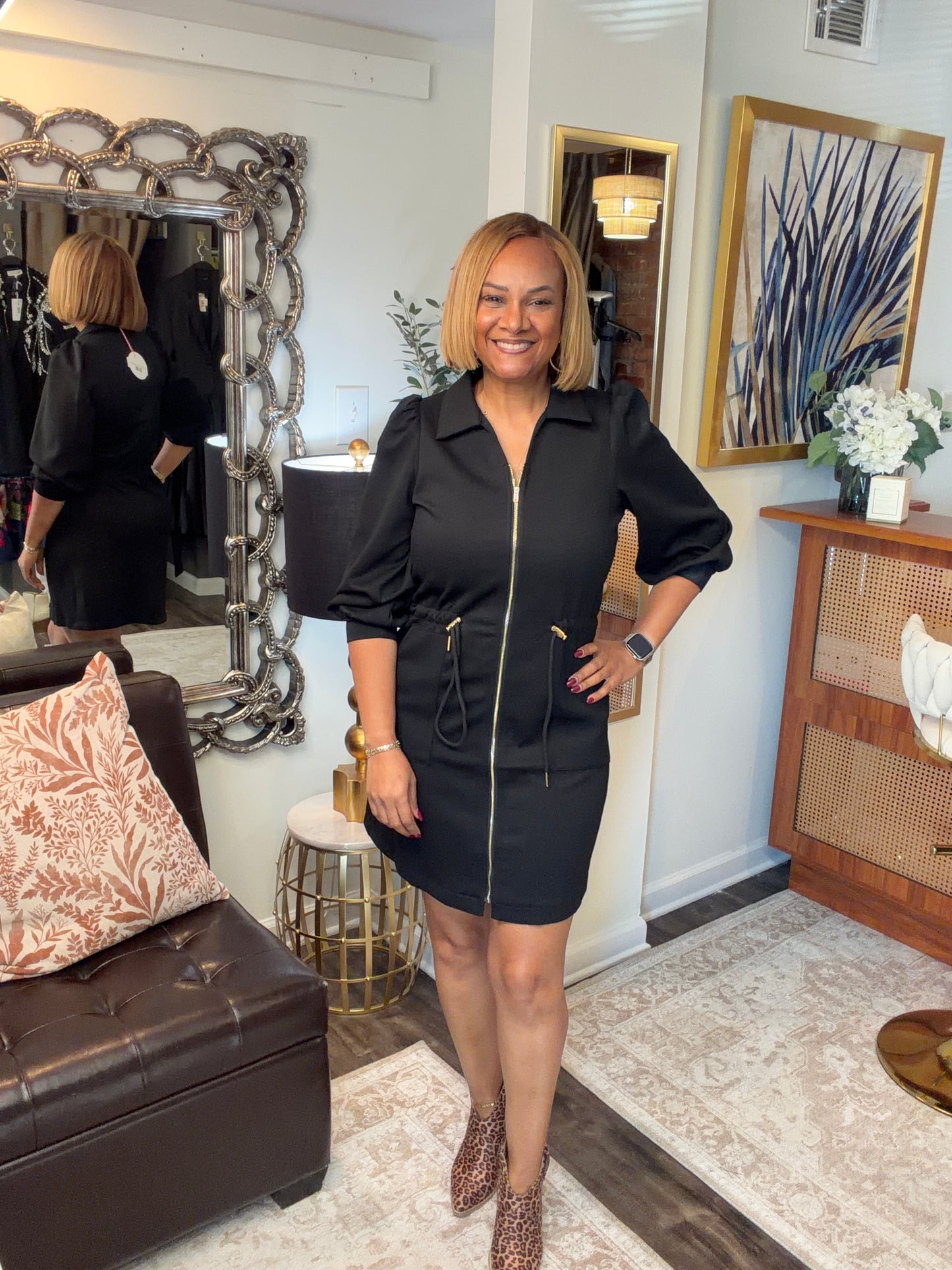 Margie Luxeknit Zip Up Mini Dress with Drawstring Waist