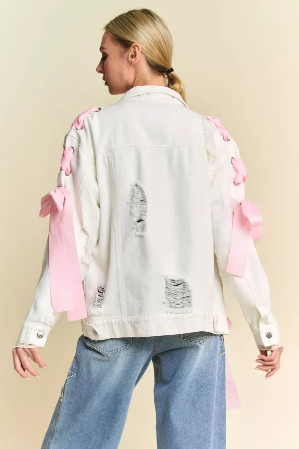 Tied In White Denim Lace Ribbon Jacket