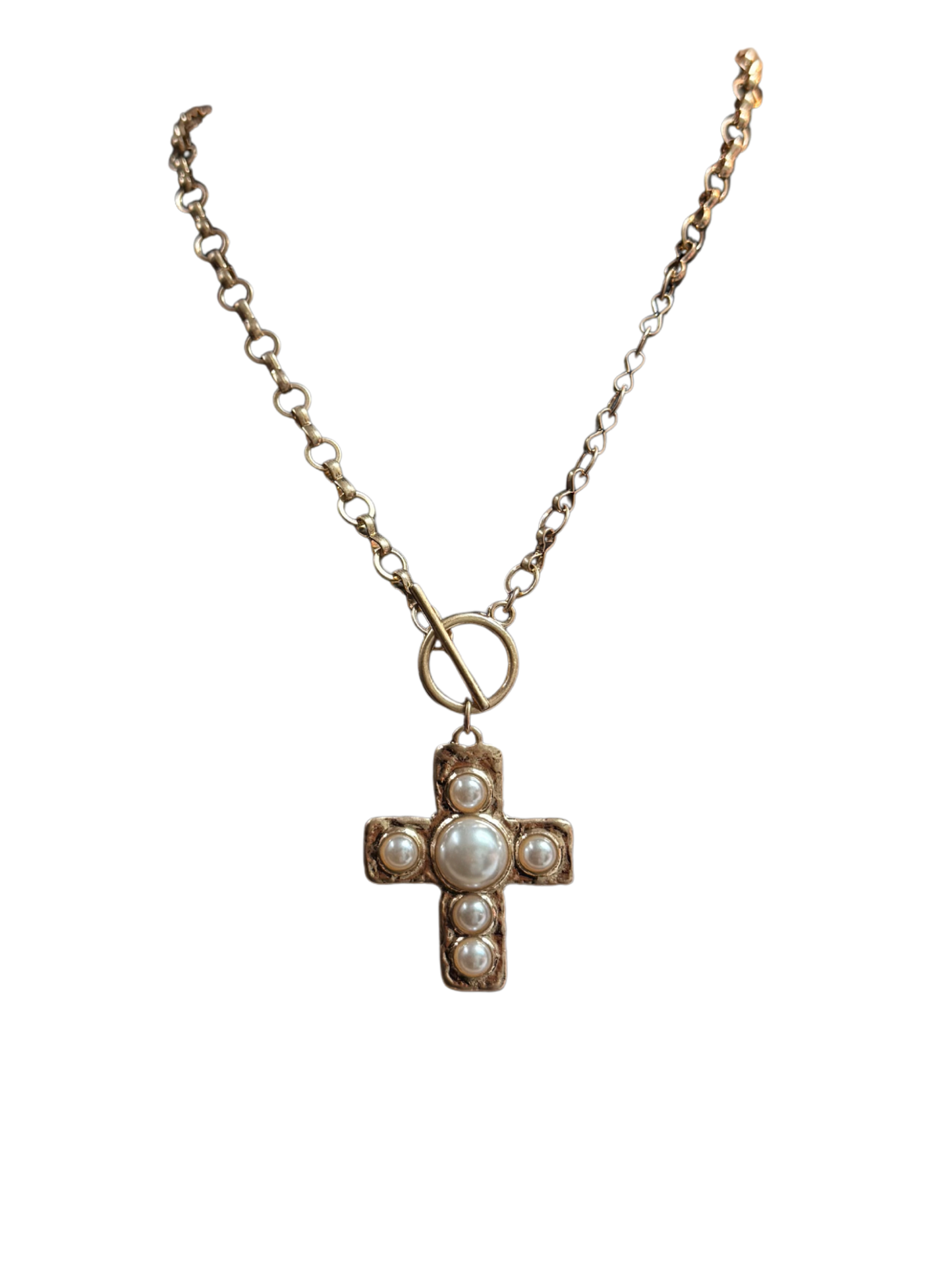 Small Gold Pearl Cross Necklace