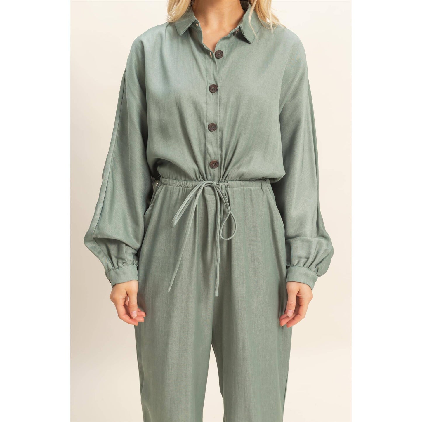 Drawstring Long Sleeve Jumpsuit: OLIVE