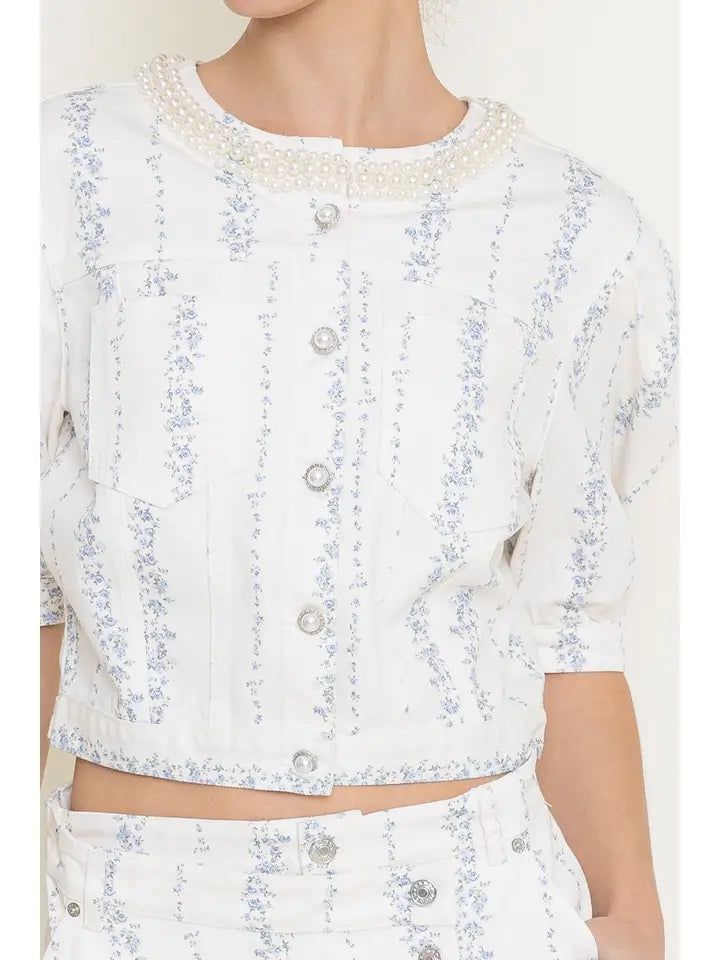 Daphne Ivory Denim Floral and Pearl Top