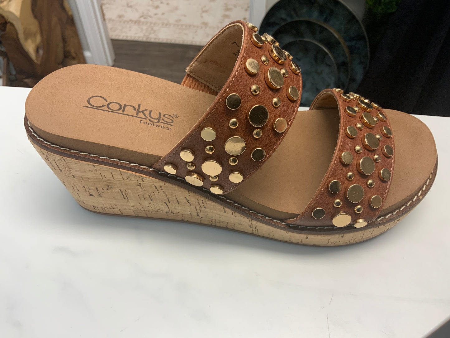 Corky’s bourbon wedge heel