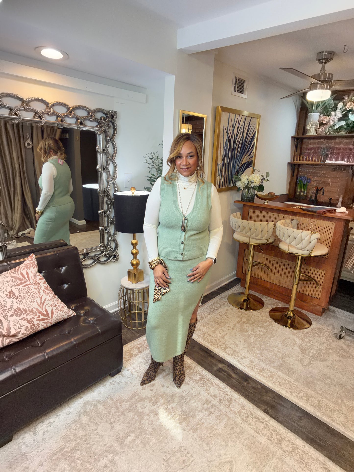 Button Front Vest & Midi Skirt Knit Set: SAGE GREEN