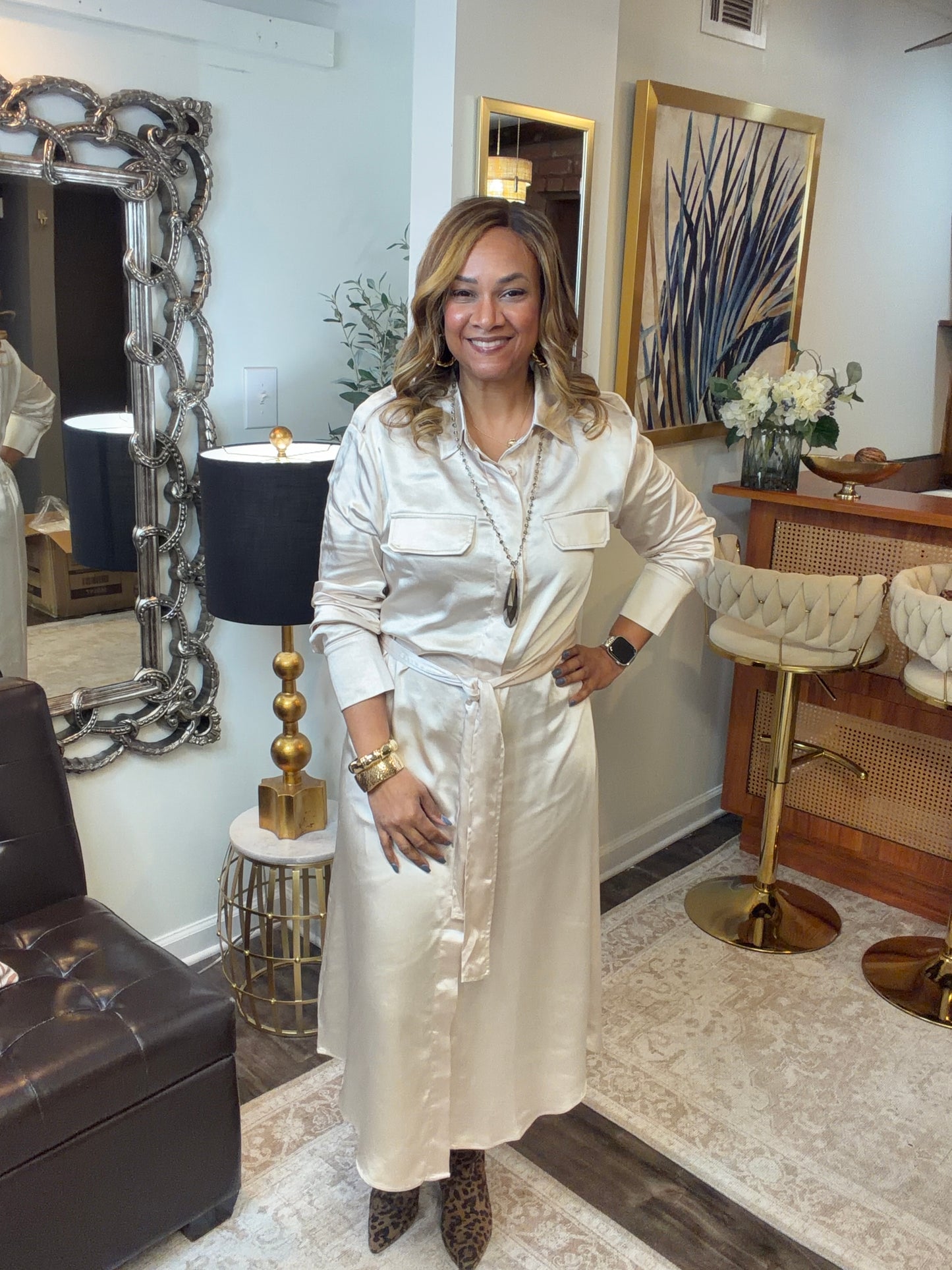 Matte Satin Belted Midi Shirt Dress Cream