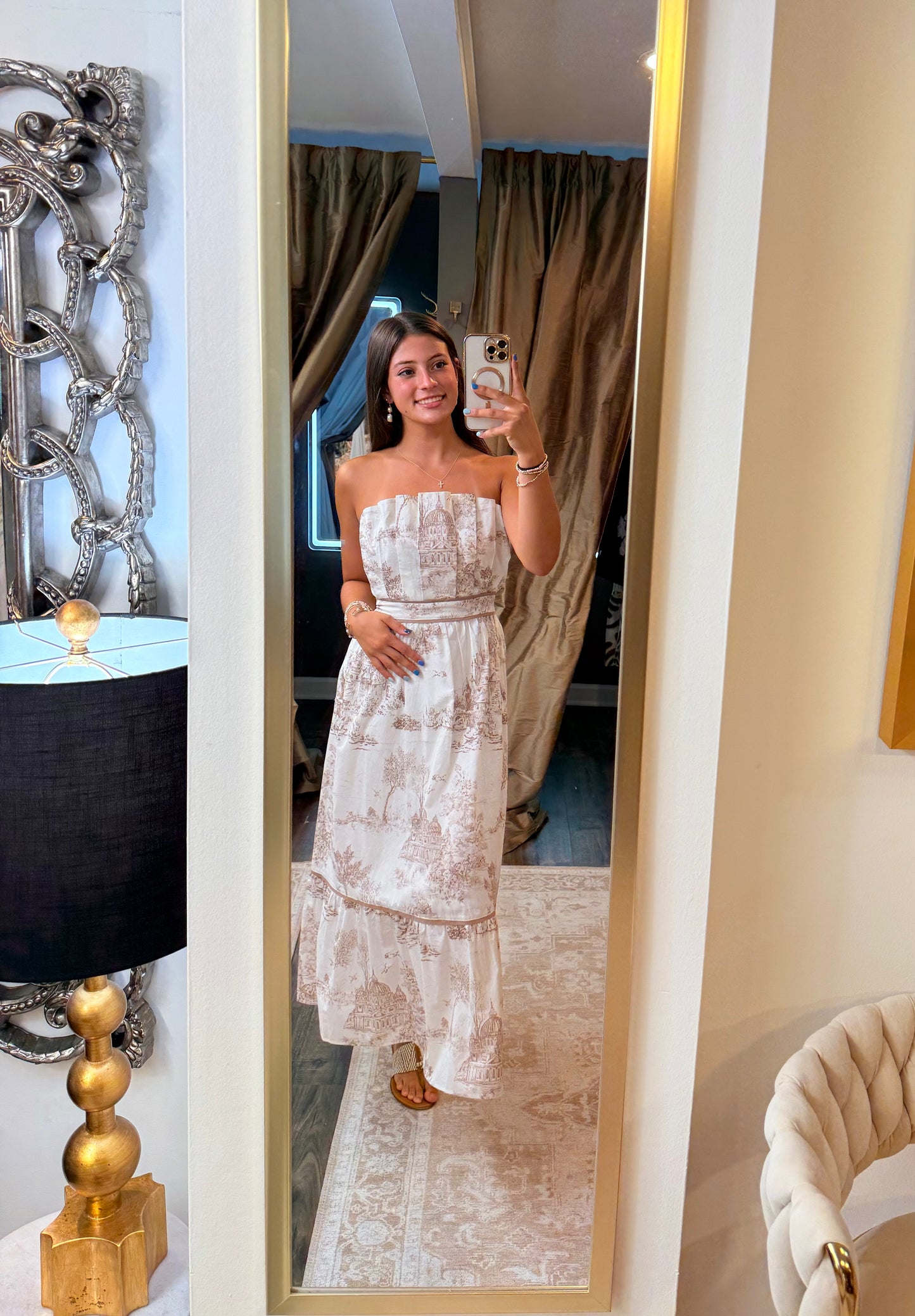 Toile Print Latte Midi Dress
