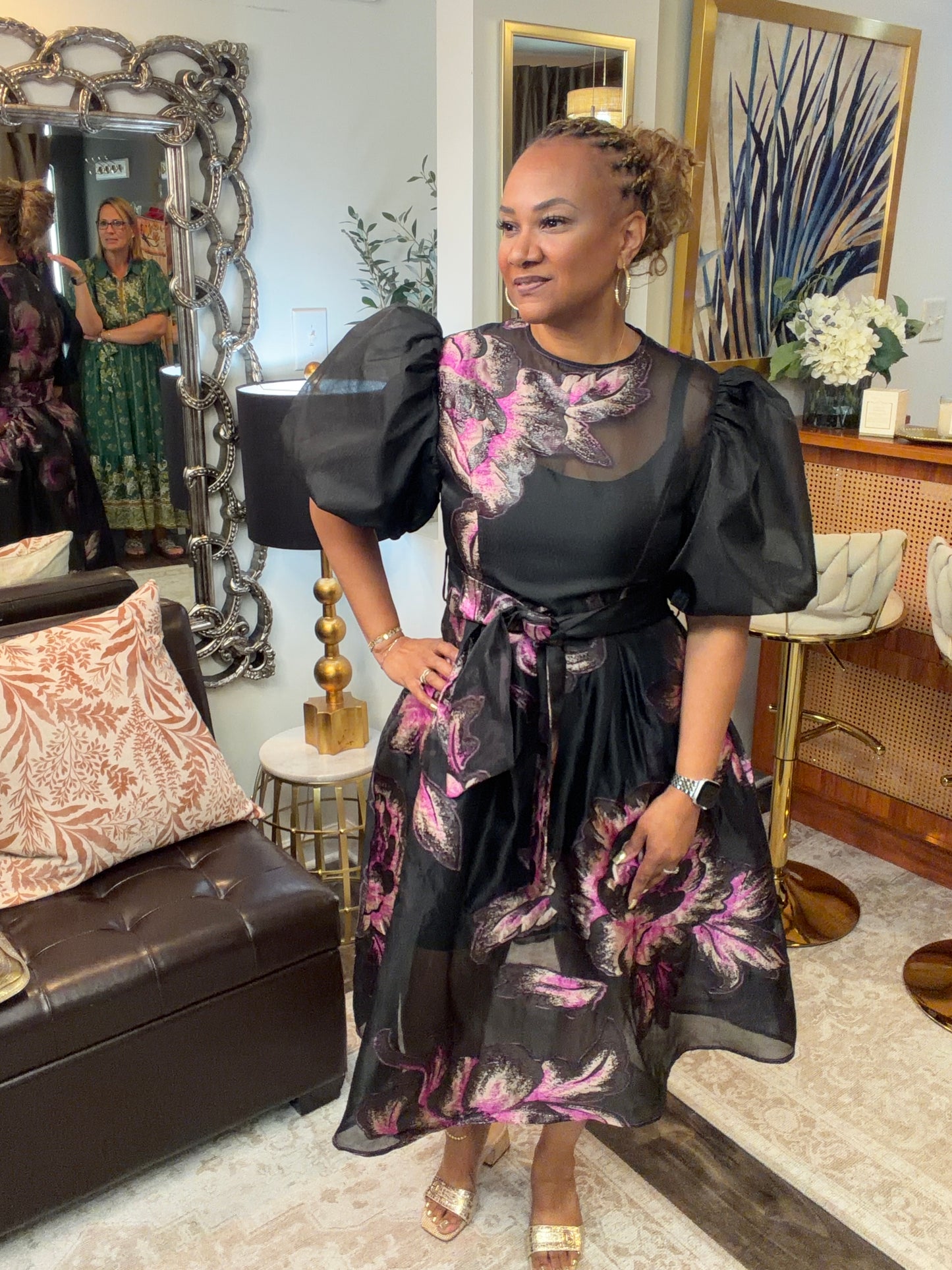 Violet Puff Sleeve Brocade Dress