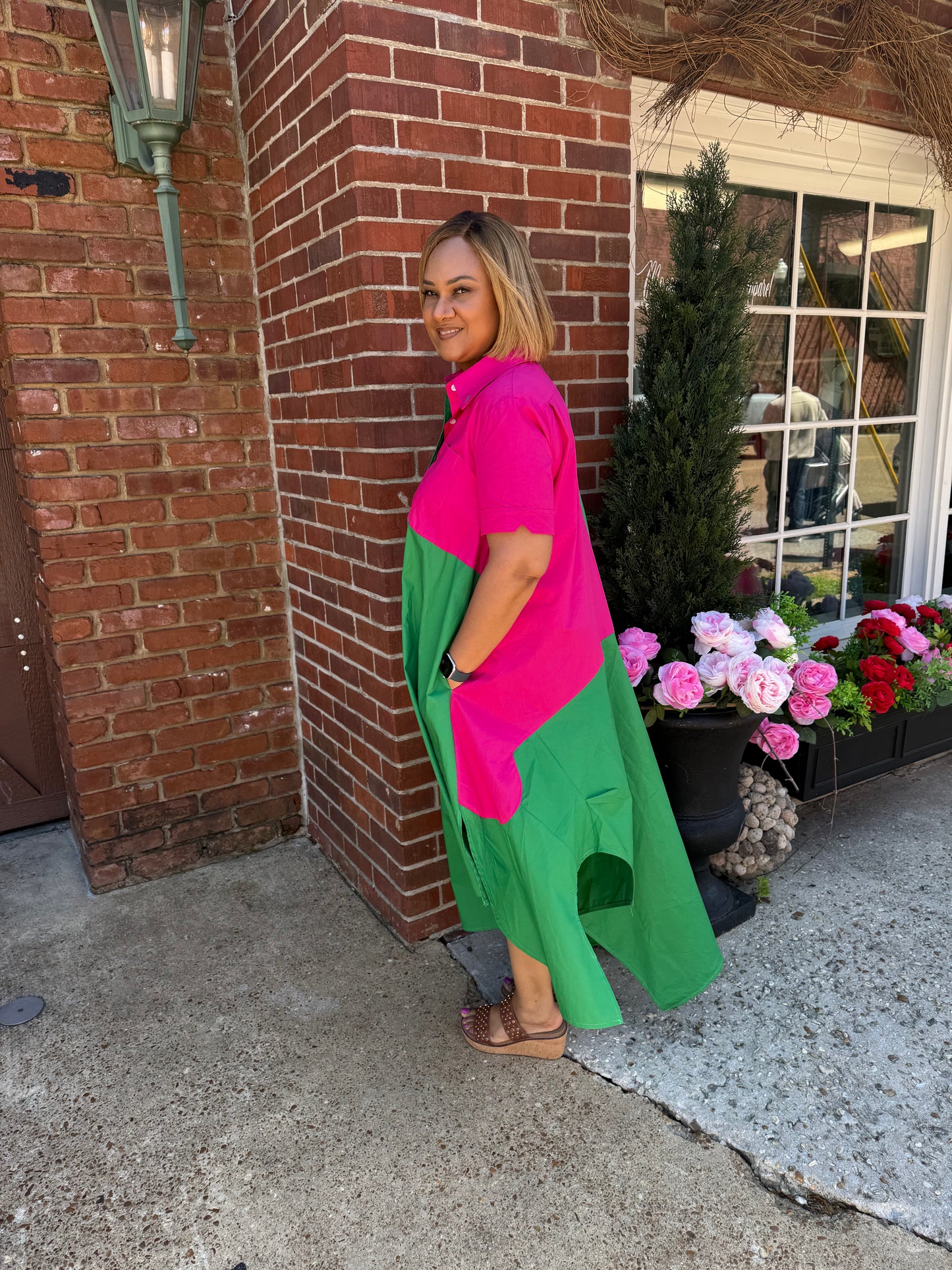 Pink and Green Asymetrical Hem Dress