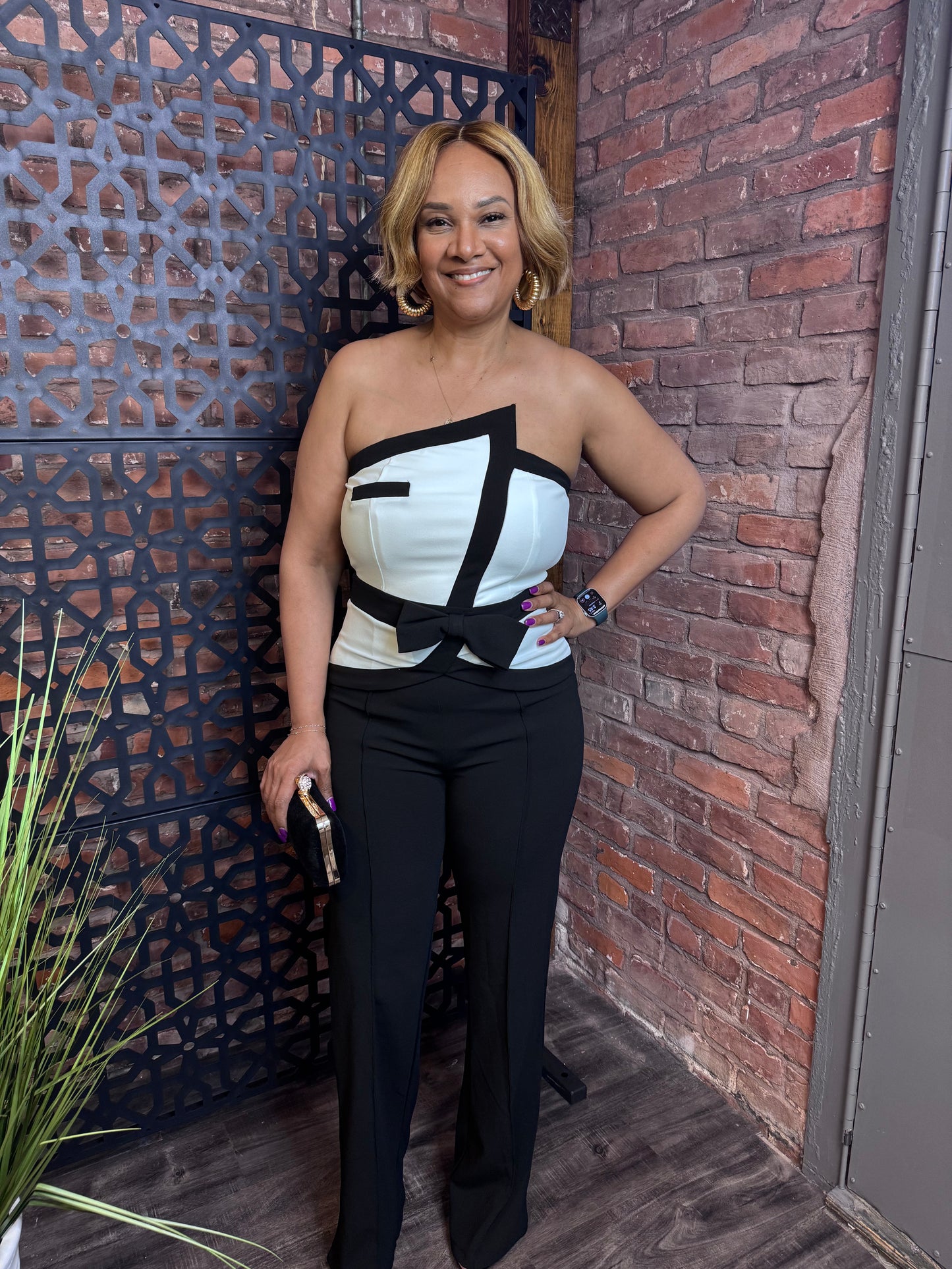 "Tied with a Bow" Black and White Strapless Jumpsuit