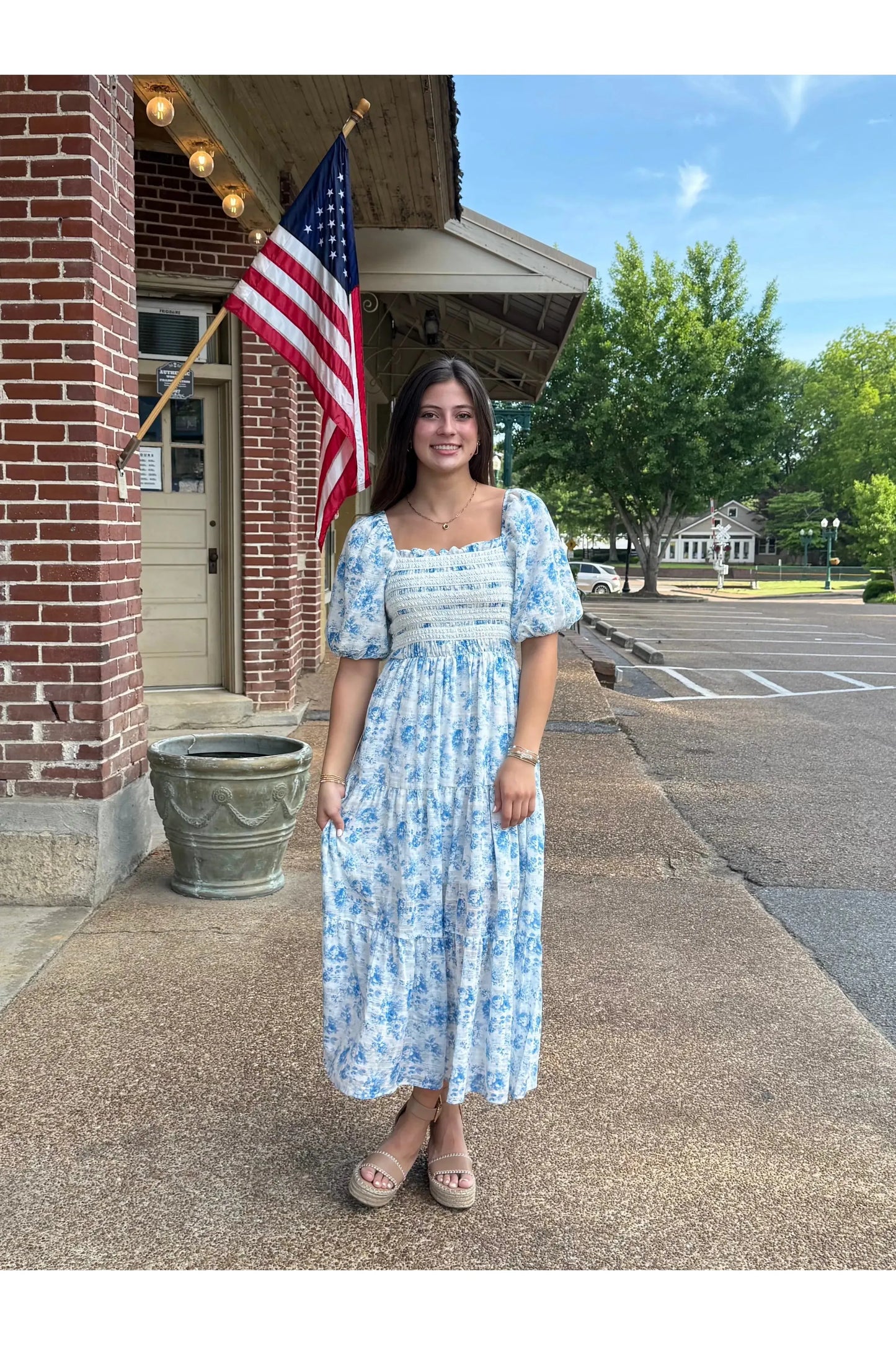 McKenna Smocked Lace Trim Puff Sleeve Dress
