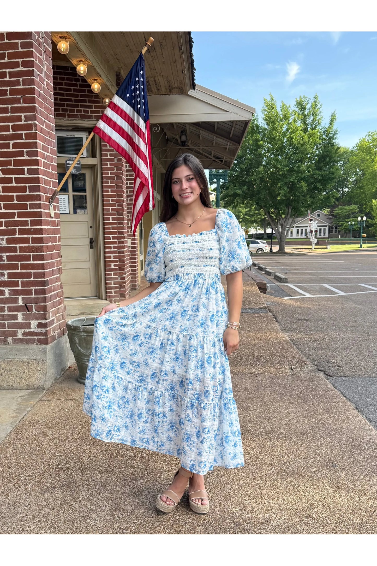McKenna Smocked Lace Trim Puff Sleeve Dress