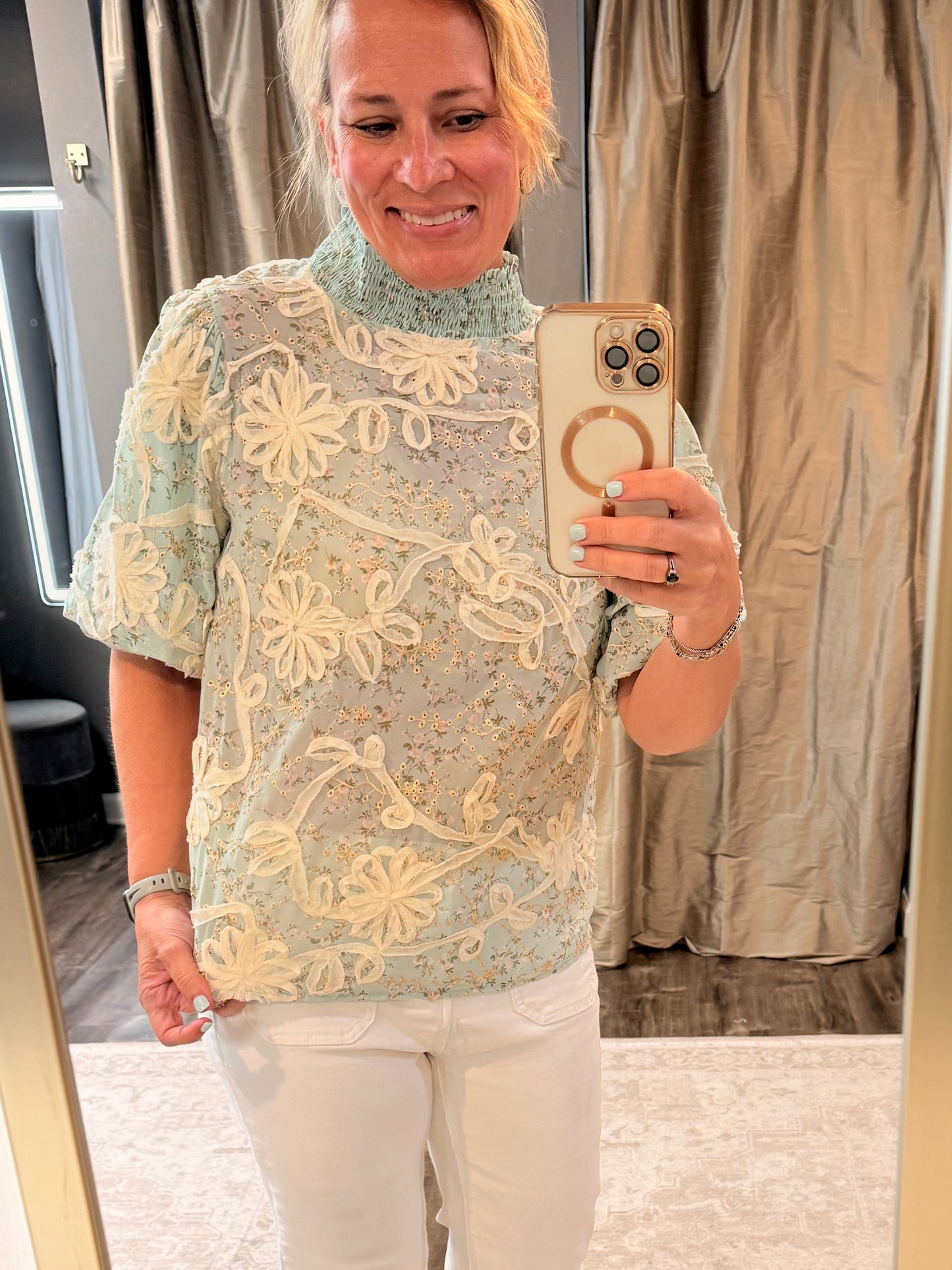 Dusty Blue Floral Lace Top