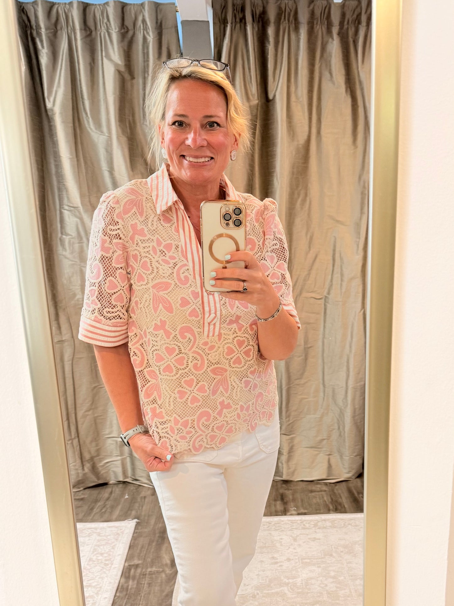 Mauve Striped and Lace Top