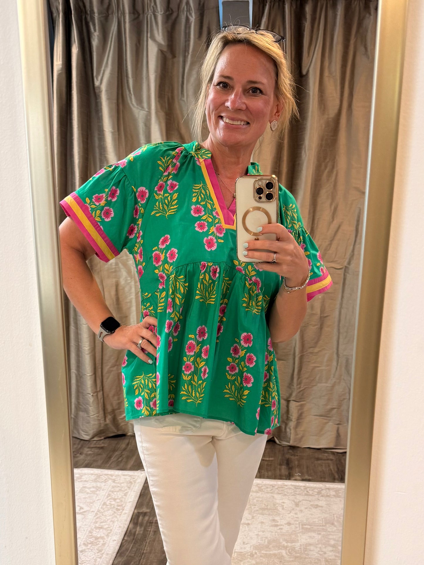 Green Floral Babydoll Top