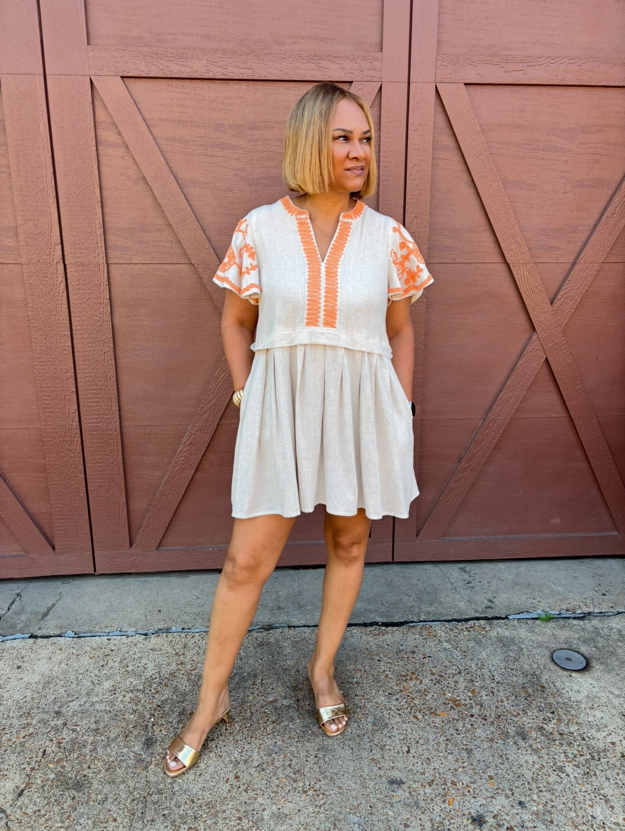 Megaen Embroidered Linen Flutter Sleeve Dress