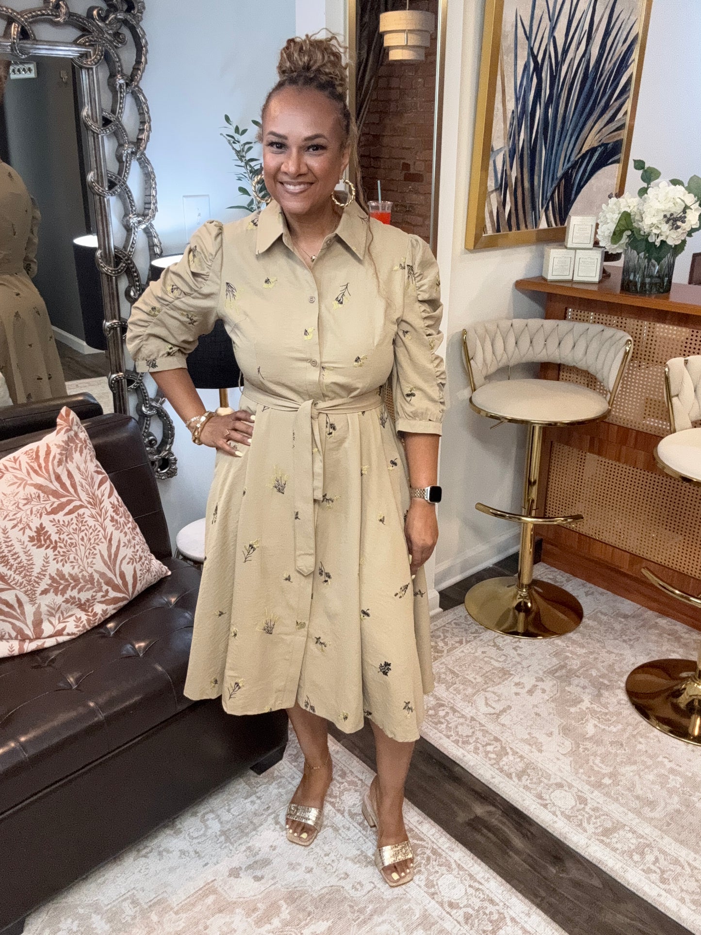 Tan Floral Midi Dress