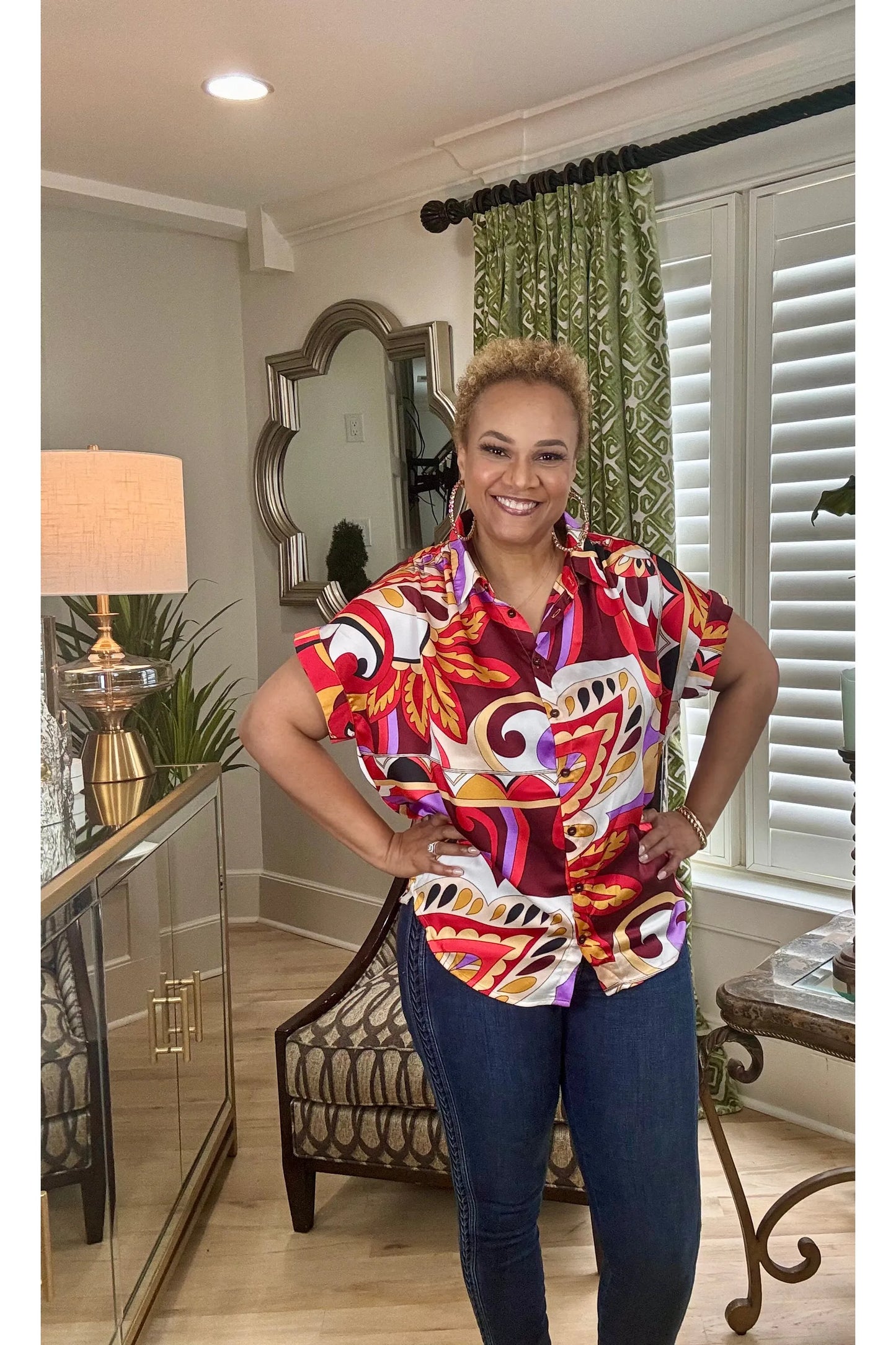 Artsy Print Collared Top (Red)