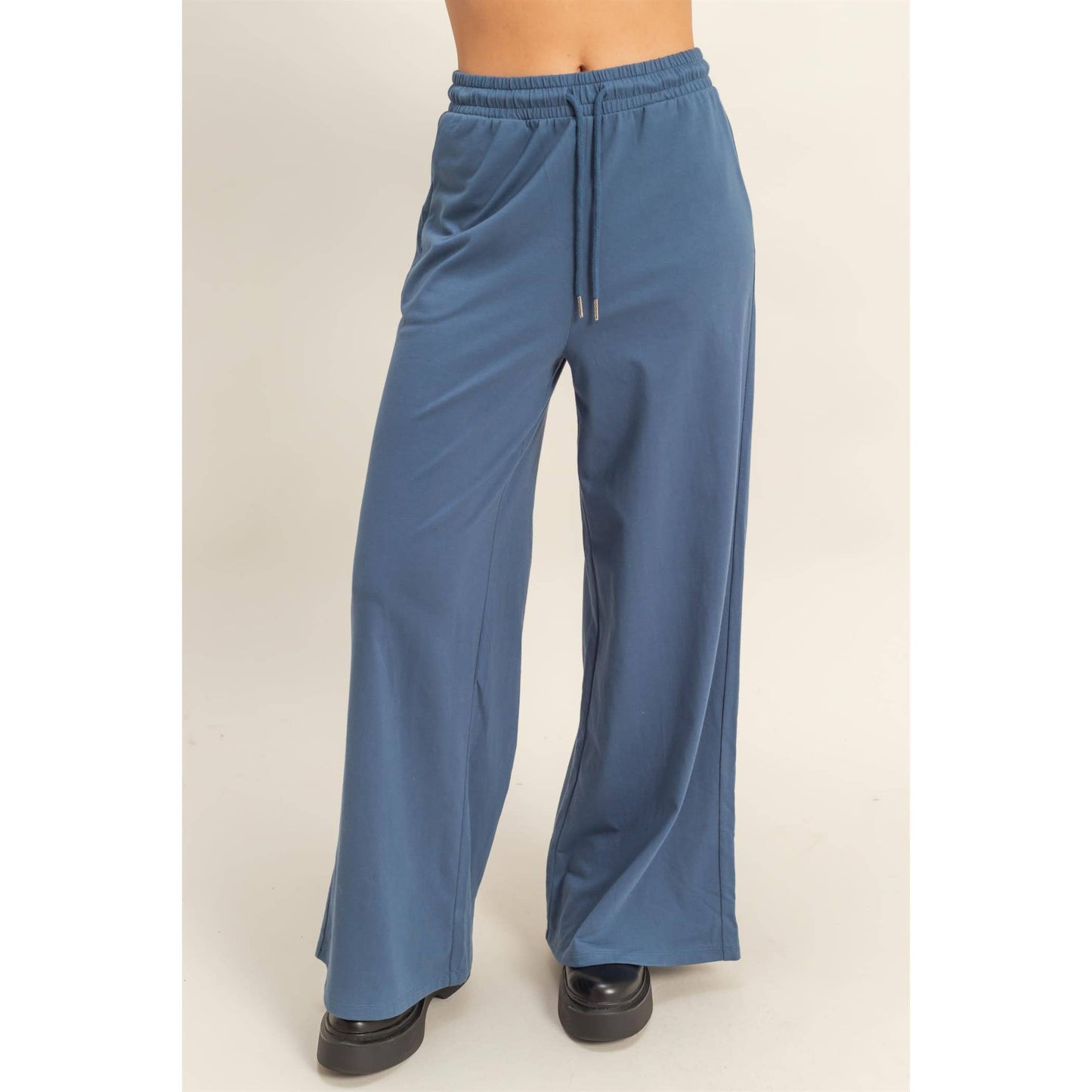 Trendy Cotton Wide Leg Pants: DUST NAVY / S-M-L(2-2-2)