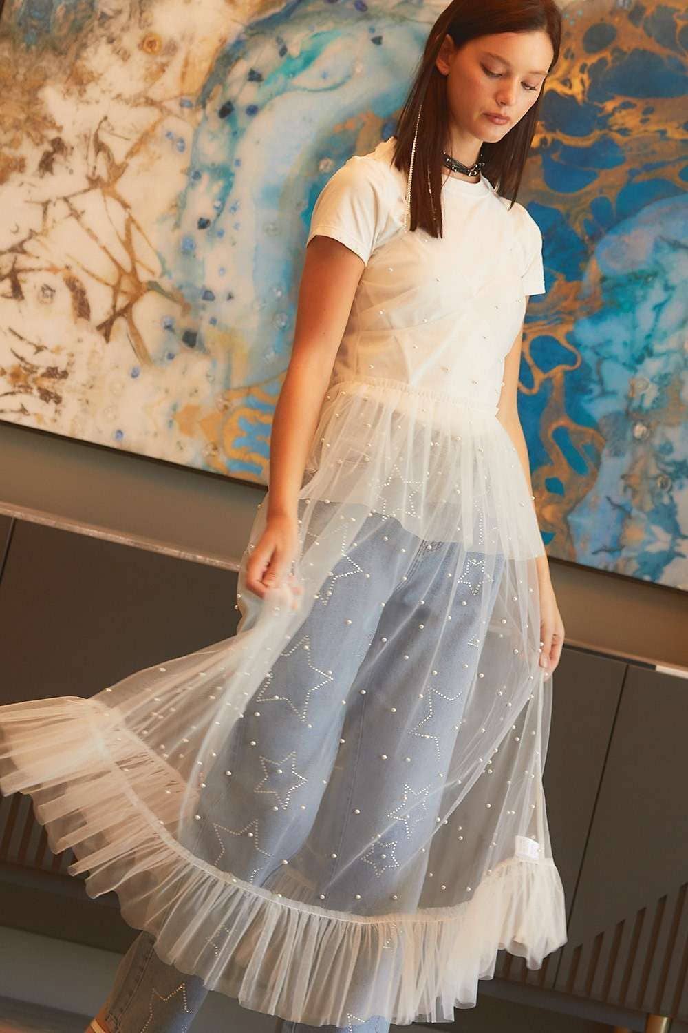 Pearl Ruffle See through Mesh Dress: WHITE