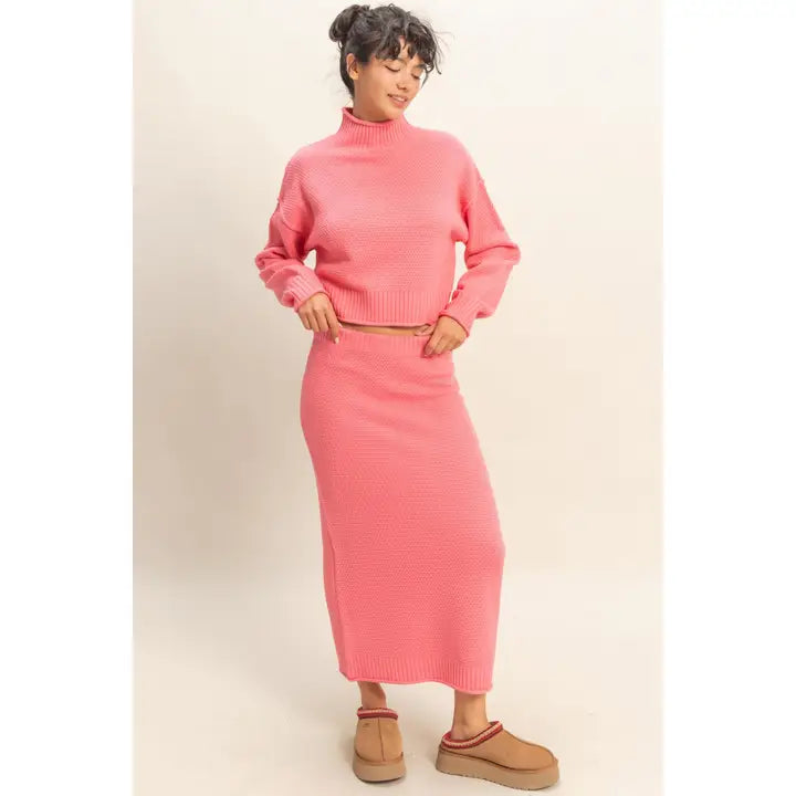 High Neck Sweater and Skirt Set in Pink