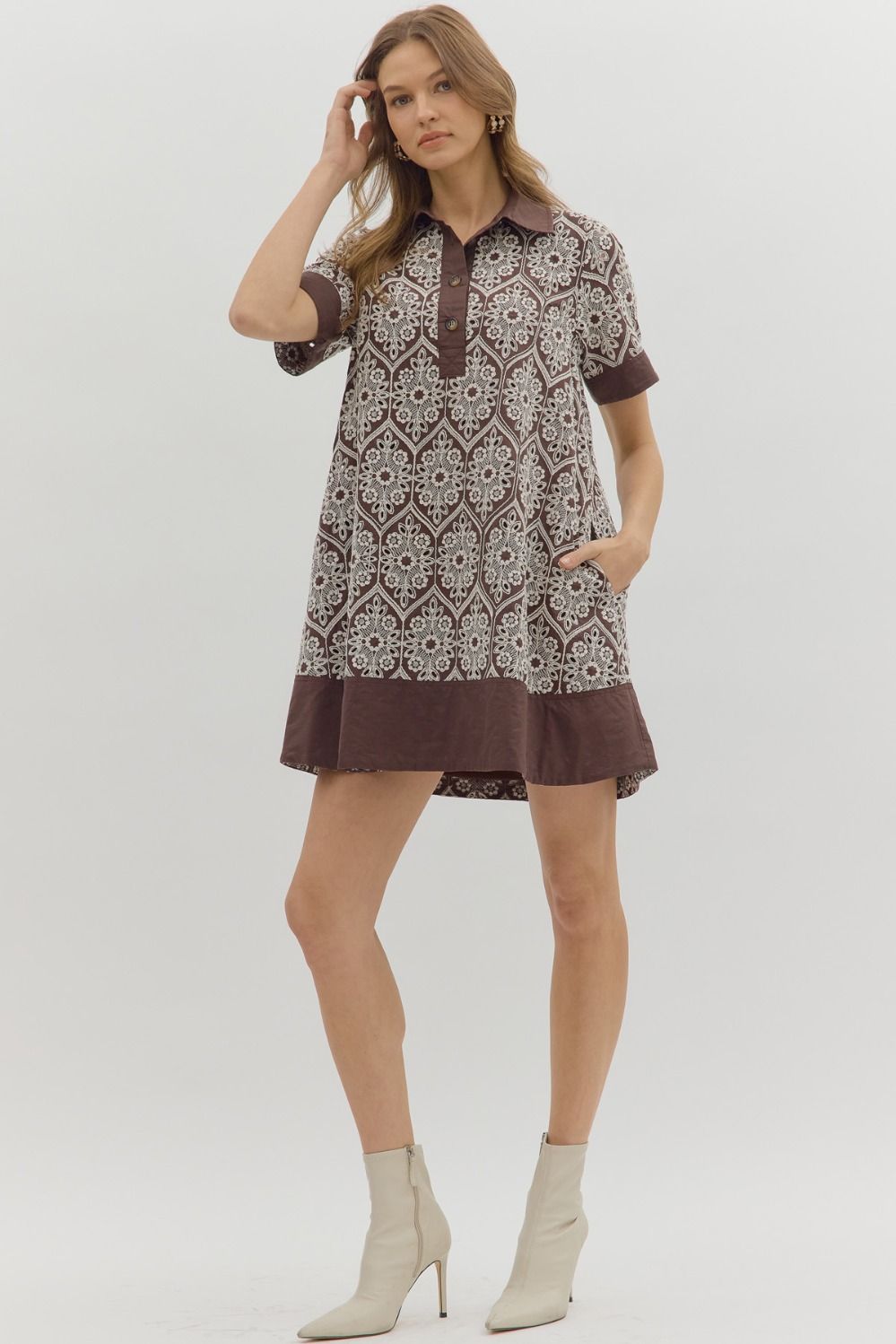 Brown Eyelet Short Sleeve Dress