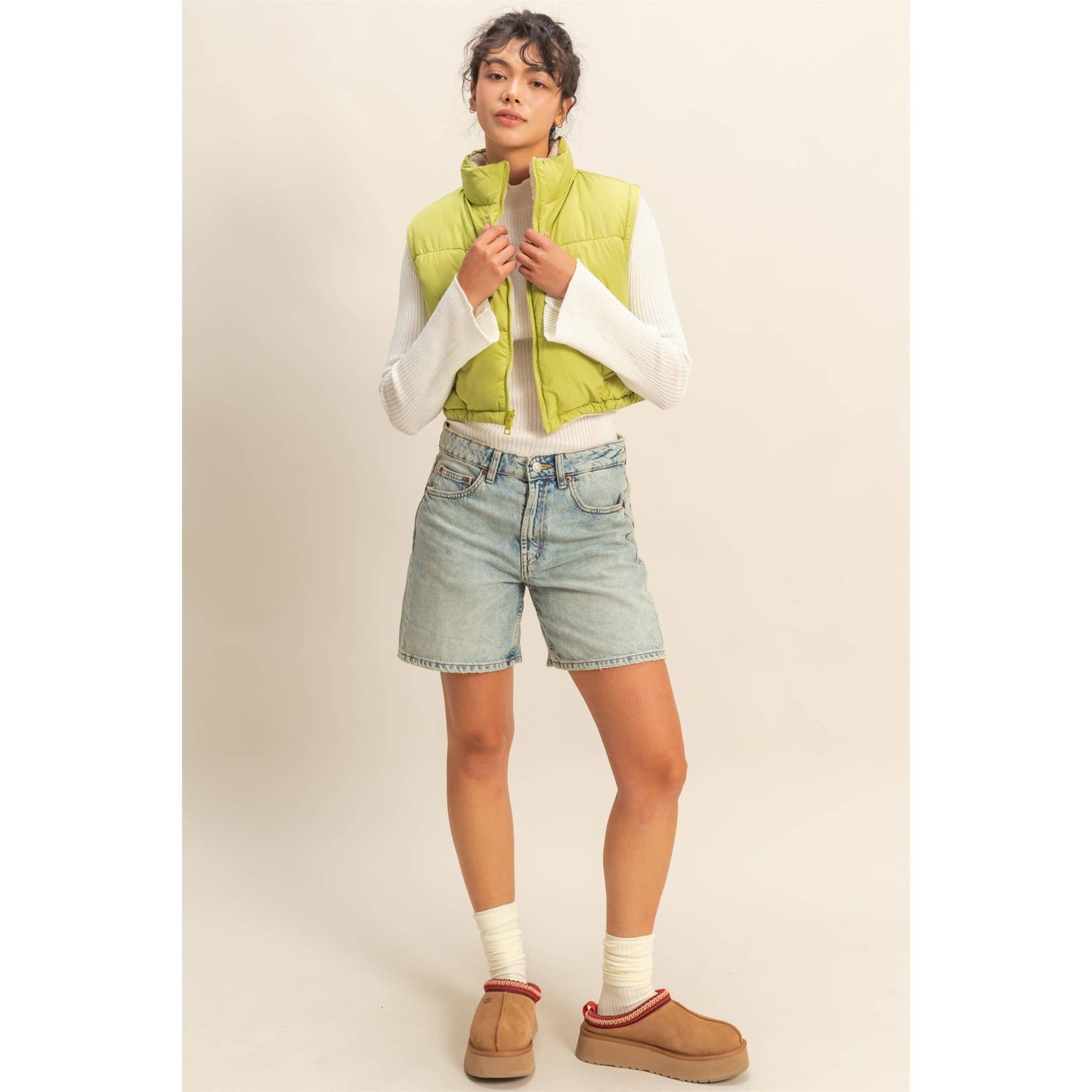 Reversible Puffer Vest: PALE OLIVE / S-M-L(2-2-2)