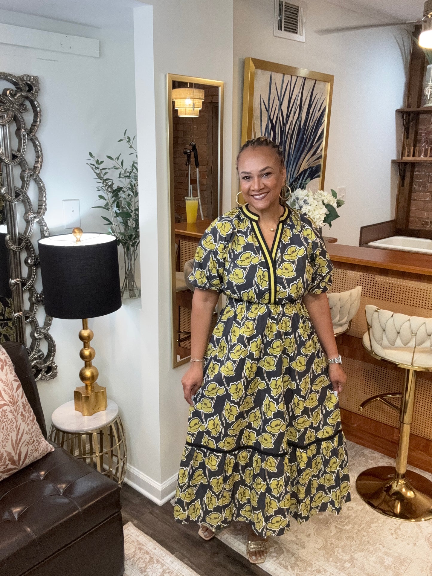 Kim Floral Western Puff Sleeve Midi Dress