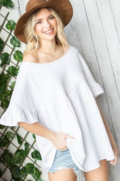Ruffled Solid Babydoll Tunic Top: White
