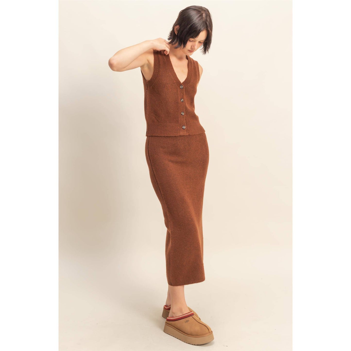 Button Front Vest & Midi Skirt Knit Set: SAGE GREEN