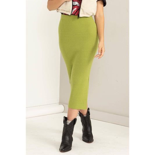 High Waist Ribbed Midi Skirt: PALE OLIVE / S-M-L(2-2-2)