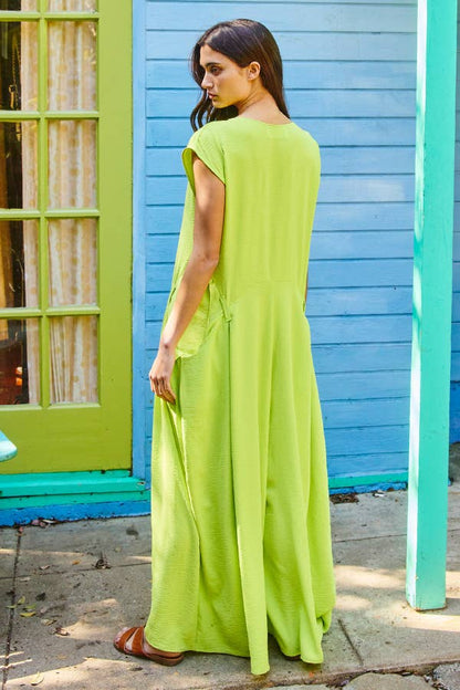 Scoop Neck Wide Leg Solid Jumpsuit: LIME GREEN / S-M-L (2-2-2)
