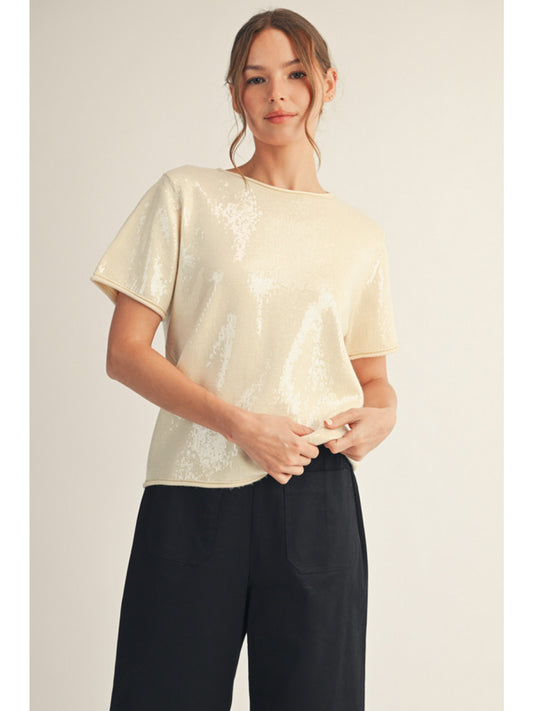 Samantha Sequin Cream Short Sleeve Top