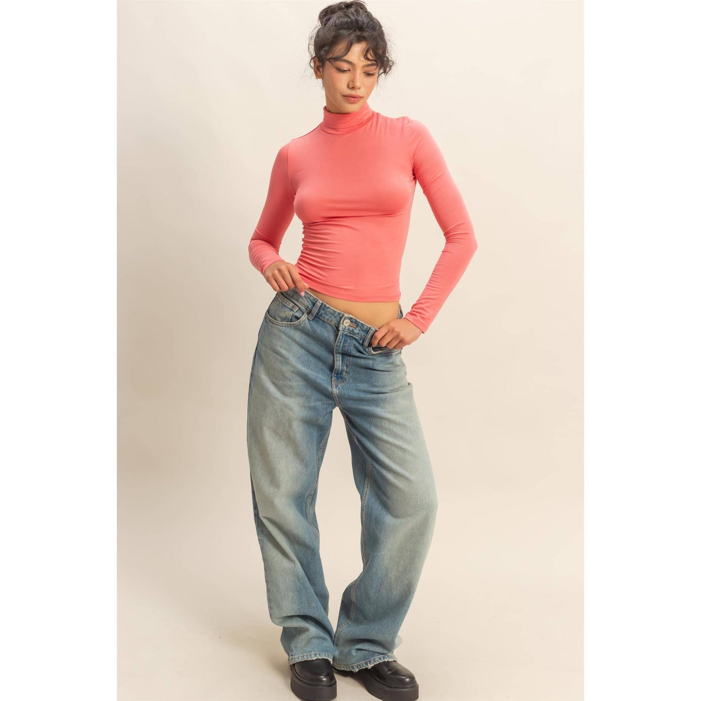 Long Sleeve Turtleneck Top: TEA ROSE