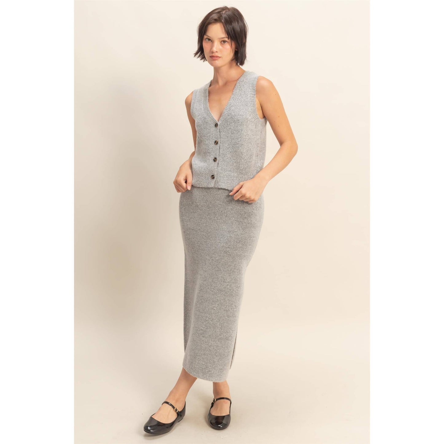 Button Front Vest & Midi Skirt Knit Set: SAGE GREEN