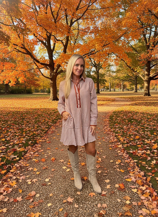 Rust Striped Long Sleeve Mini Dress