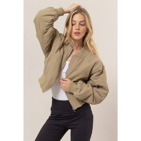 Ruched Bomber Puffer Jacket: L.OLIVE / S-M-L(2-2-2)