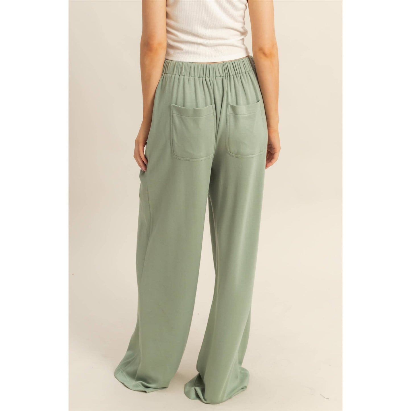Knit Wide-Leg Trousers With Drawstring Waist: SAGE GREEN / S-M-L(2-2-2)