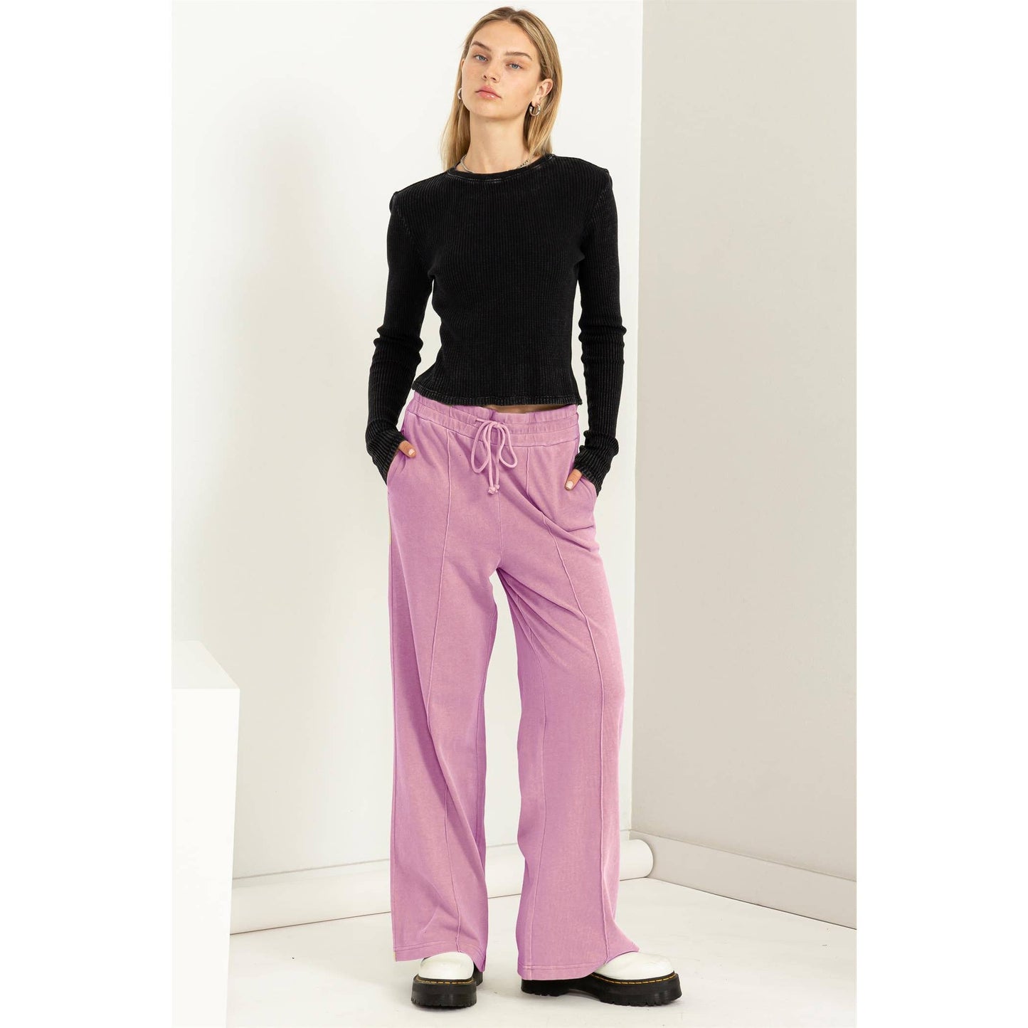 High Waist Drawstring Wide Leg Pants: DUSTY PINK / S-M-L(2-2-2)