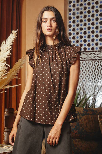 Pretty Ruffle Neck And Shoulder Blouse: BROWN