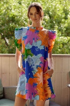 Jodifil-Flower print dress with a frill mock neckline